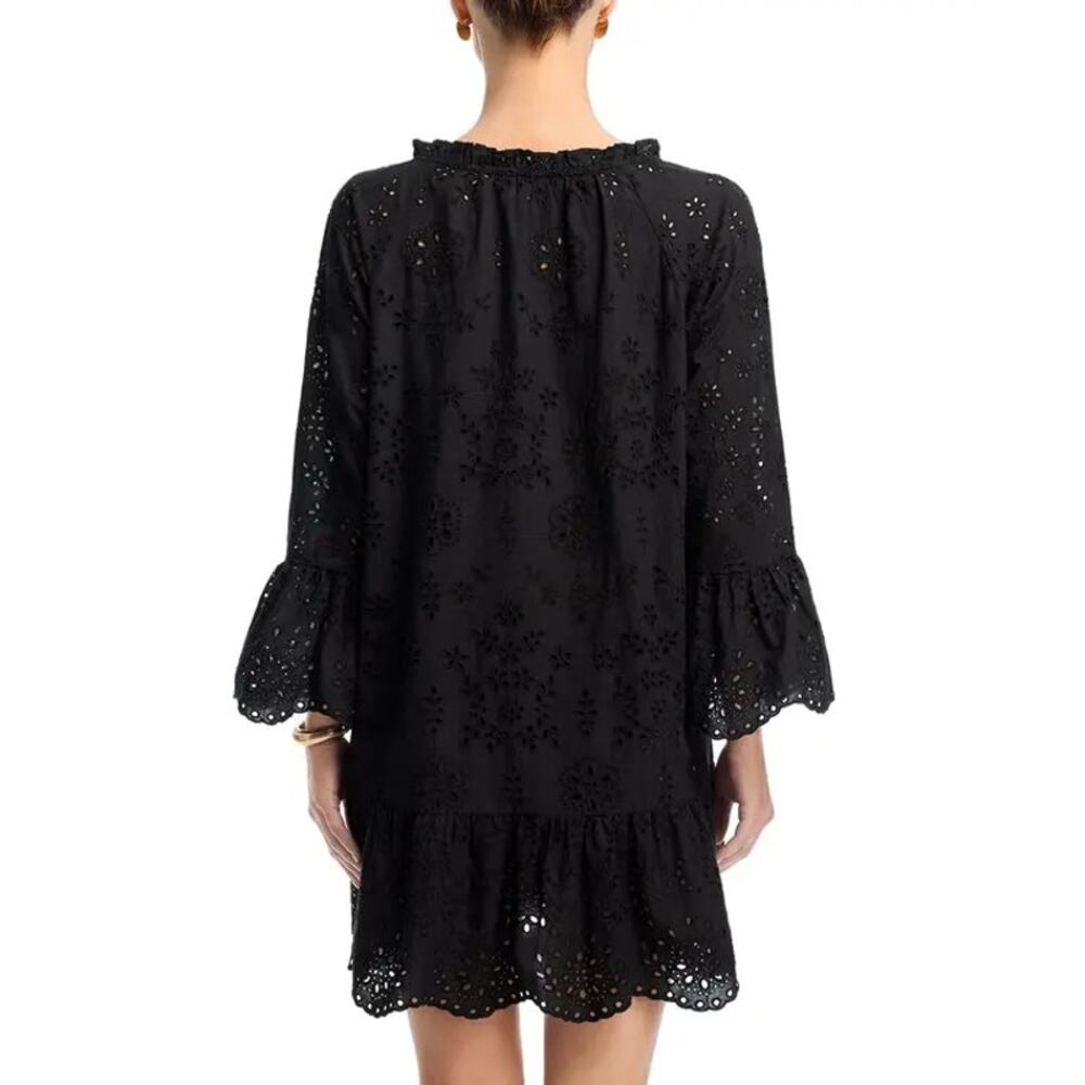 AQUA Women Black Eyelet Embroidered Cotton Swim Cover-Up Mini Dress Size L - Picture 2 of 7